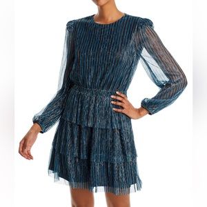 Aqua metallic striped tiered mini dress NWOT